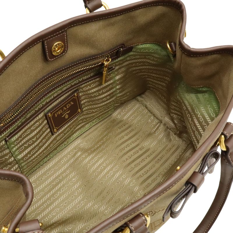Prada Logo Jacquard Ribbon Handbag Tote Bag 2WAY Shoulder Bag Canvas Khaki
