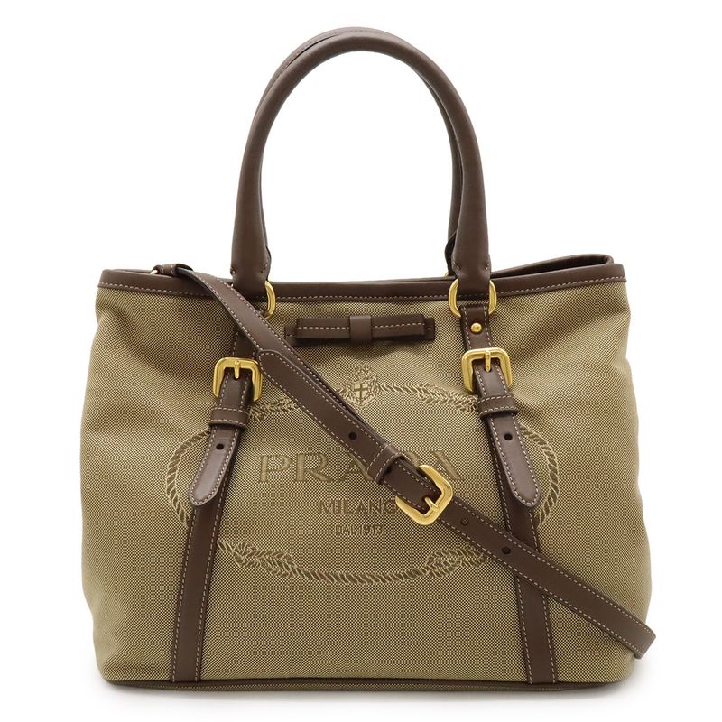 Prada Logo Jacquard Ribbon Handbag Tote Bag 2WAY Shoulder Bag Canvas Khaki