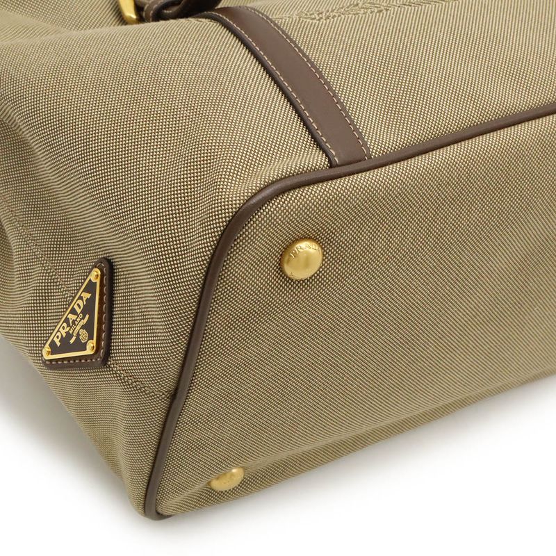 Prada Logo Jacquard Ribbon Handbag Tote Bag 2WAY Shoulder Bag Canvas Khaki