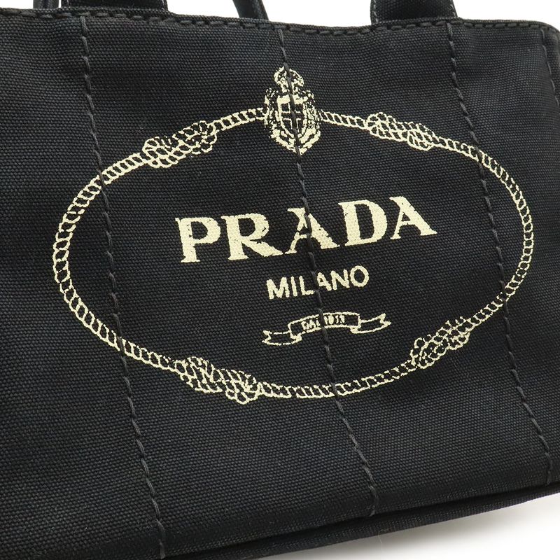 Prada Canapa Tote Bag 2WAY Shoulder Bag Striped Shoulder Canvas NERO Black