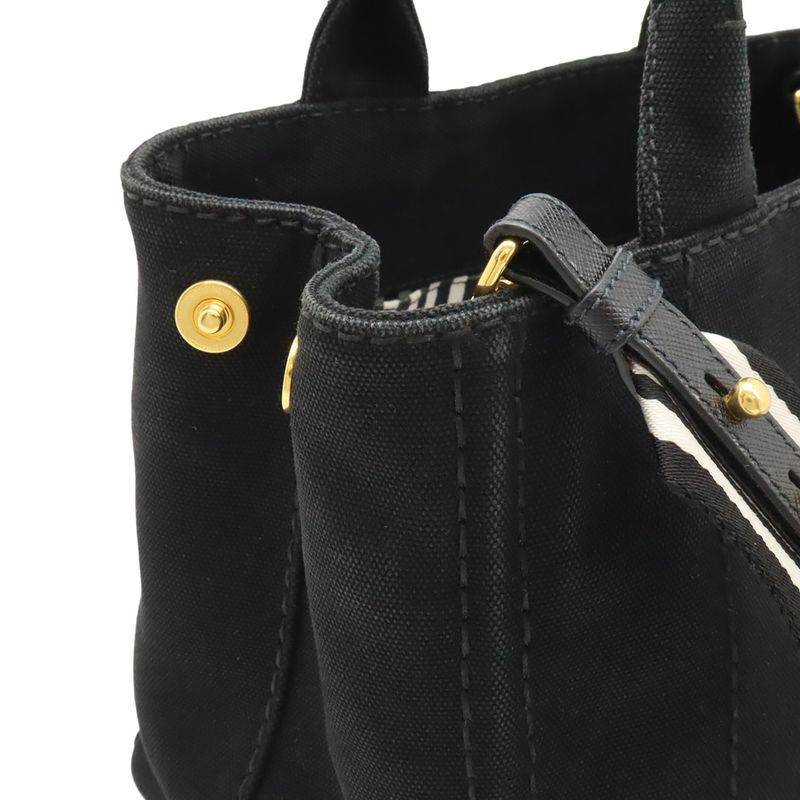 Prada Canapa Tote Bag 2WAY Shoulder Bag Striped Shoulder Canvas NERO Black