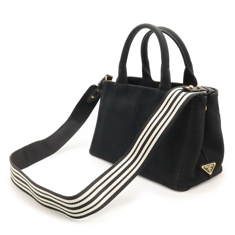 Prada Canapa Tote Bag 2WAY Shoulder Bag Striped Shoulder Canvas NERO Black