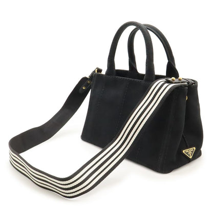 Prada Canapa Tote Bag 2WAY Shoulder Bag Striped Shoulder Canvas NERO Black