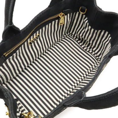 Prada Canapa Tote Bag 2WAY Shoulder Bag Striped Shoulder Canvas NERO Black