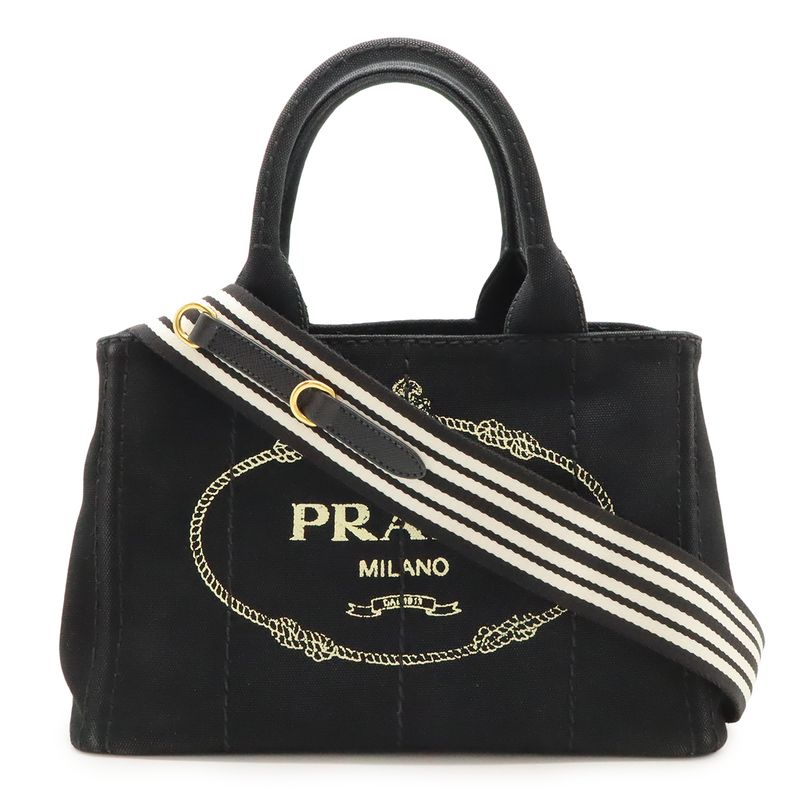 Prada Canapa Tote Bag 2WAY Shoulder Bag Striped Shoulder Canvas NERO Black