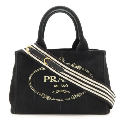 Prada Canapa Tote Bag 2WAY Shoulder Bag Striped Shoulder Canvas NERO Black