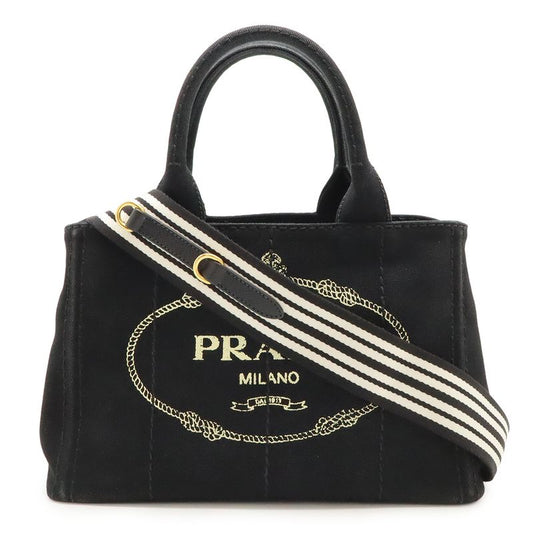 Prada Canapa Tote Bag 2WAY Shoulder Bag Striped Shoulder Canvas NERO Black