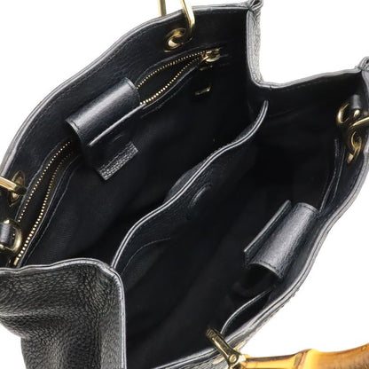 Gucci Bamboo Small Shopper Handbag 2WAY Shoulder Bag Crossbody Leather Black