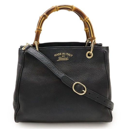 Gucci Bamboo Small Shopper Handbag 2WAY Shoulder Bag Crossbody Leather Black