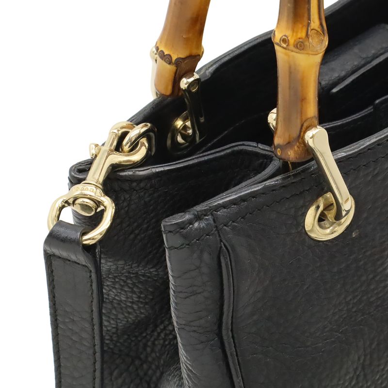 Gucci Bamboo Small Shopper Handbag 2WAY Shoulder Bag Crossbody Leather Black