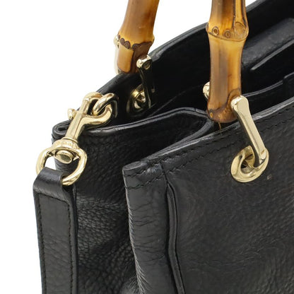 Gucci Bamboo Small Shopper Handbag 2WAY Shoulder Bag Crossbody Leather Black