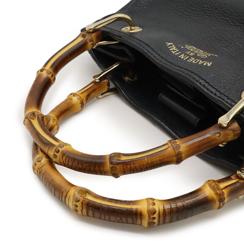 Gucci Bamboo Small Shopper Handbag 2WAY Shoulder Bag Crossbody Leather Black