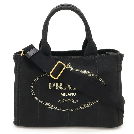 Prada Canapa Tote Bag 2WAY Shoulder Bag Crossbody Canvas NERO Black Gold