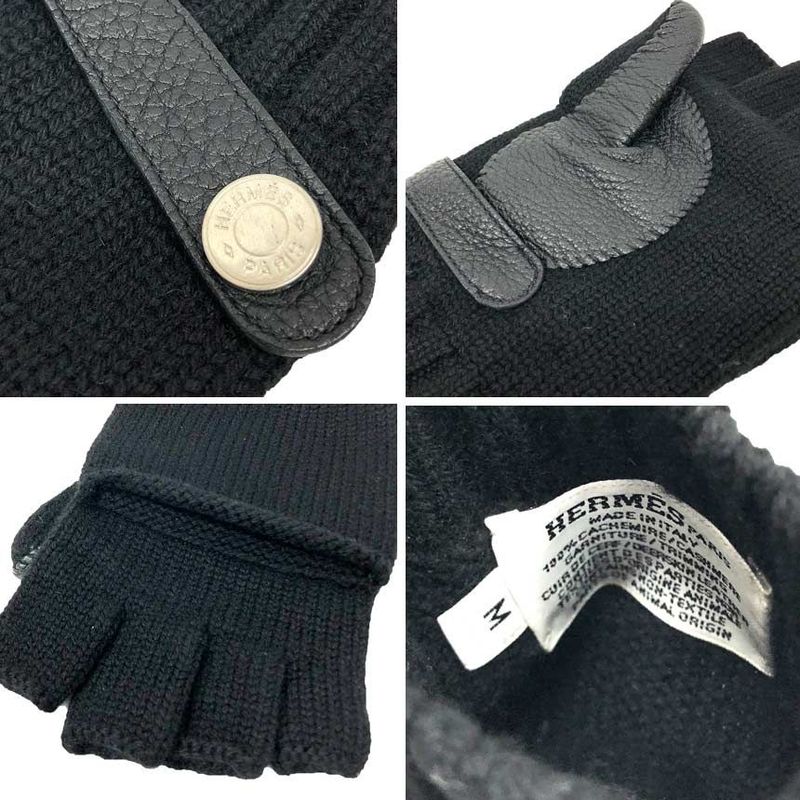 Hermes Baltimore Gloves Serie Button Women Size M Cashmere Black Aq12150