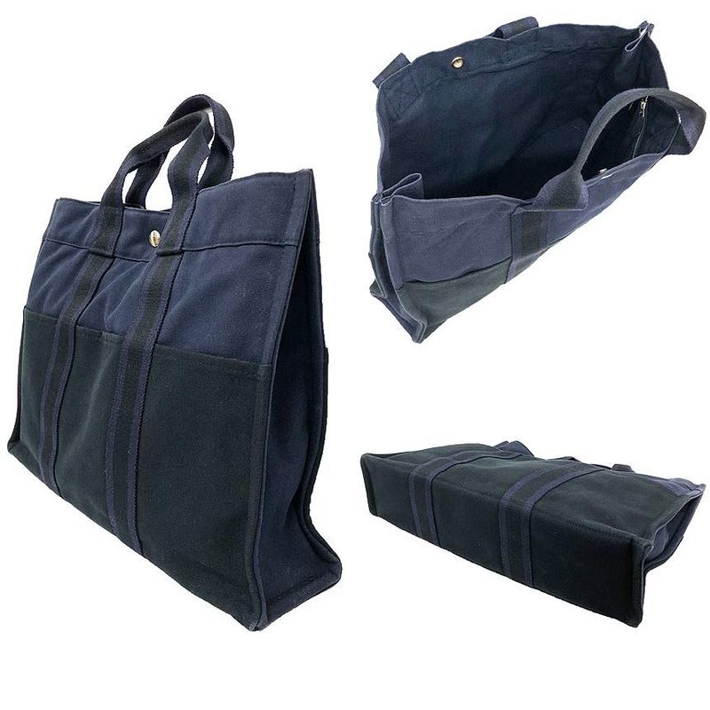 Hermes Fourre Tout MM Tote Bag Canvas Navy Black Aq12086