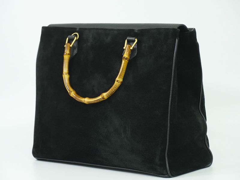 Authentic Gucci Bamboo Handbag Suede Leather Black Bamboo Bag Pre-owned