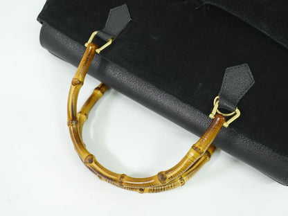 Authentic Gucci Bamboo Handbag Suede Leather Black Bamboo Bag Pre-owned