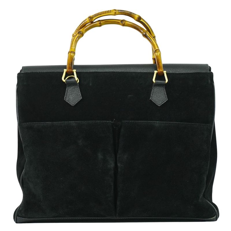 Authentic Gucci Bamboo Handbag Suede Leather Black Bamboo Bag Pre-owned