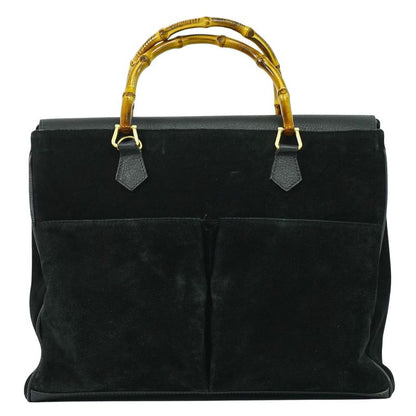 Authentic Gucci Bamboo Handbag Suede Leather Black Bamboo Bag Pre-owned