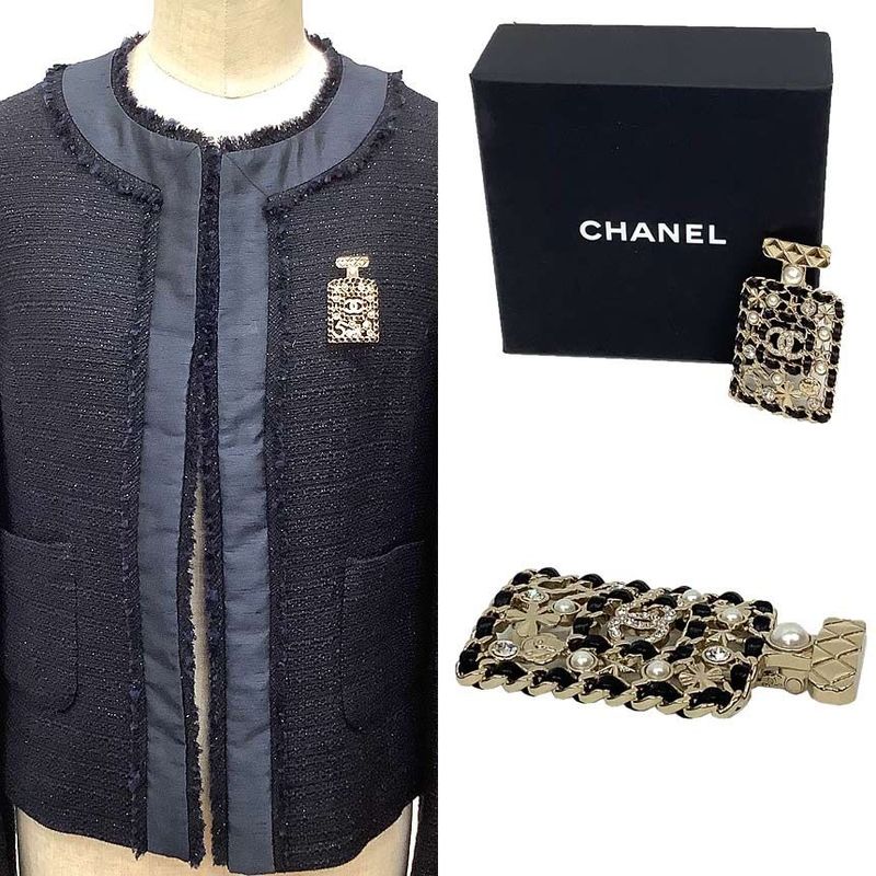 Object Chanel Brooch Bottle Motif Clover Camellia No5 Pearl Gold And Black