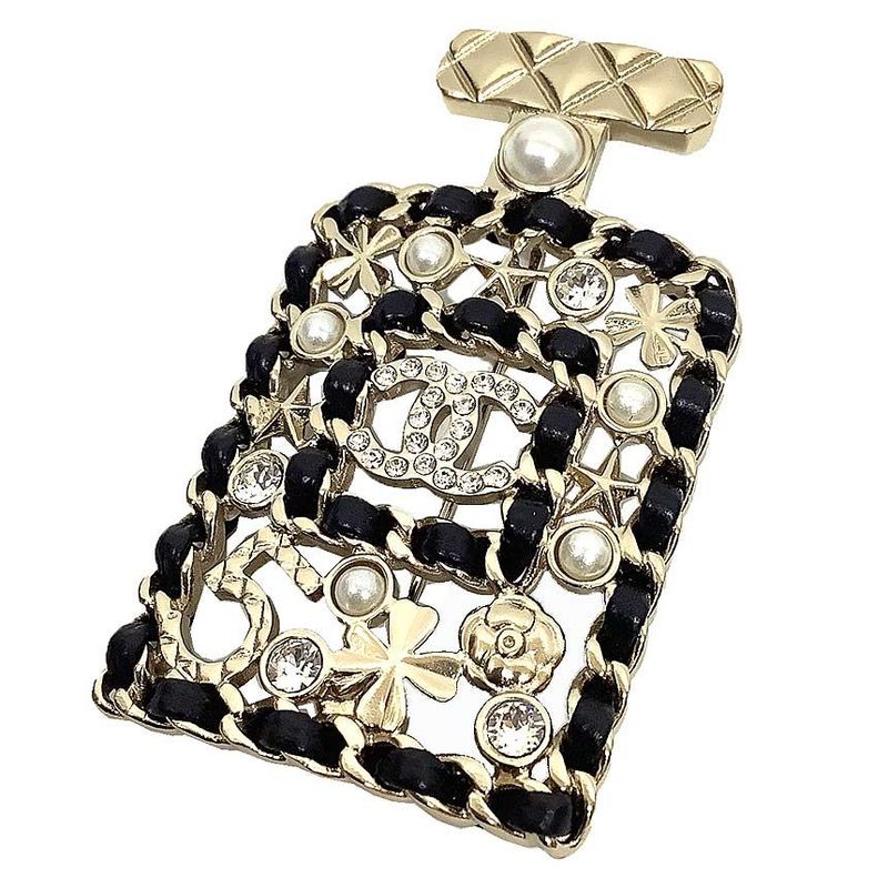 Object Chanel Brooch Bottle Motif Clover Camellia No5 Pearl Gold And Black