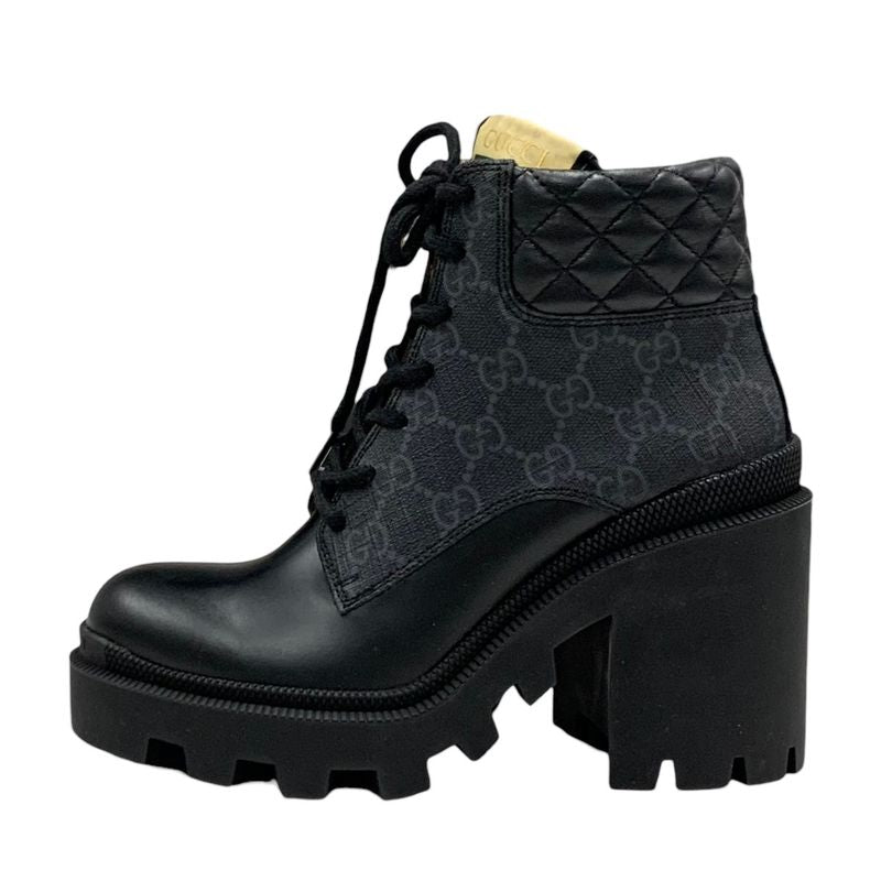 Gucci Boots Short Boots Shoes Leather Black GG Supreme Lace Up