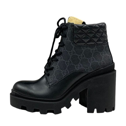 Gucci Boots Short Boots Shoes Leather Black GG Supreme Lace Up
