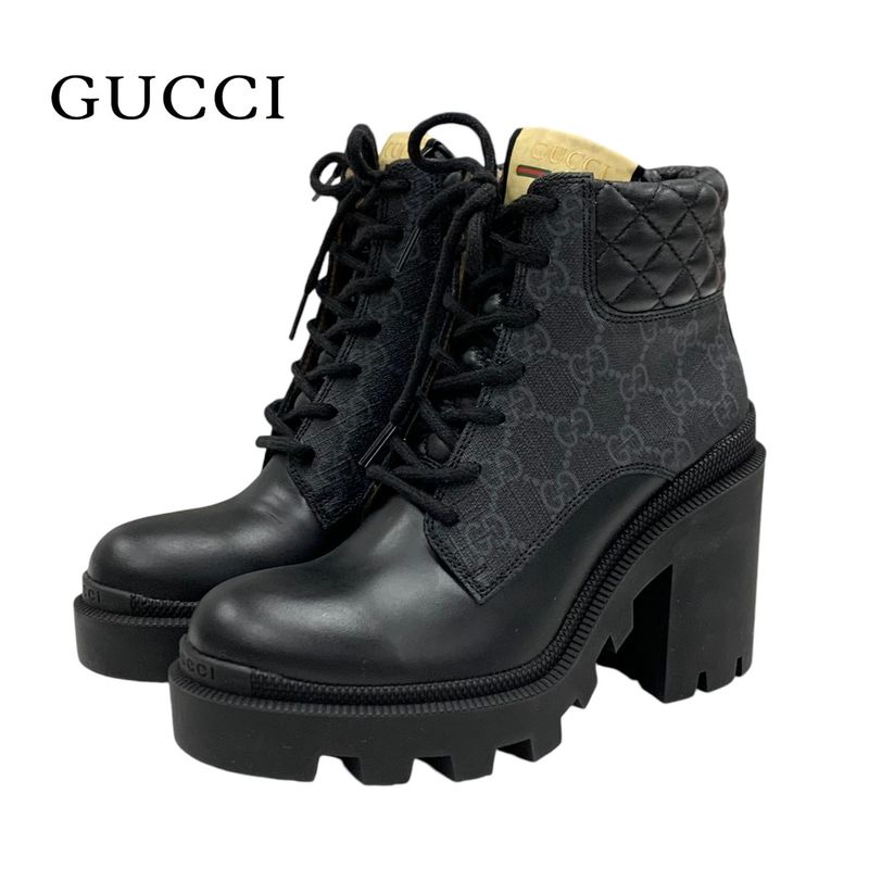 Gucci Boots Short Boots Shoes Leather Black GG Supreme Lace Up
