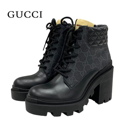 Gucci Boots Short Boots Shoes Leather Black GG Supreme Lace Up