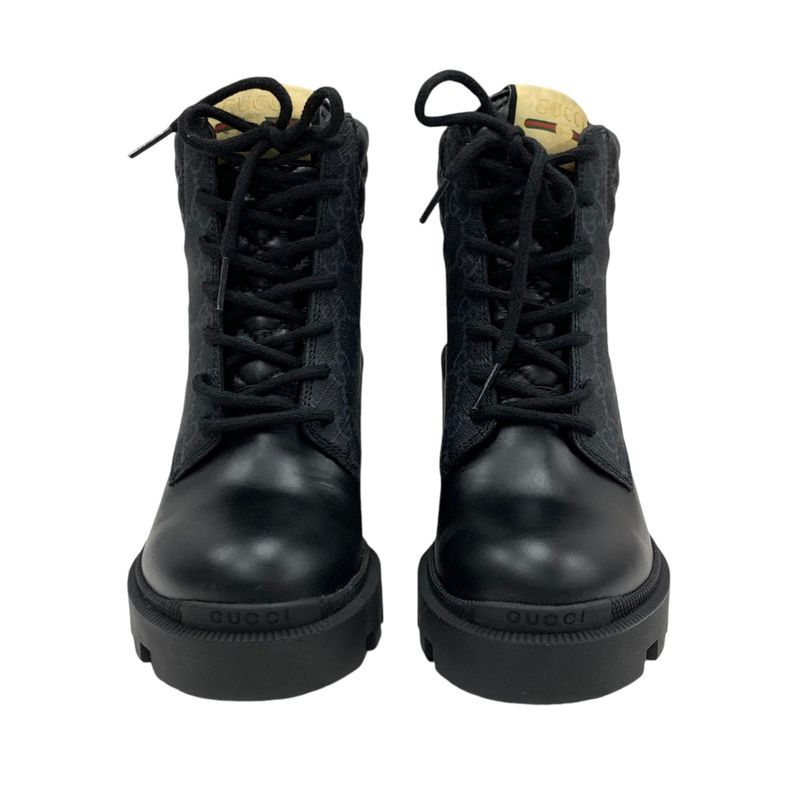 Gucci Boots Short Boots Shoes Leather Black GG Supreme Lace Up