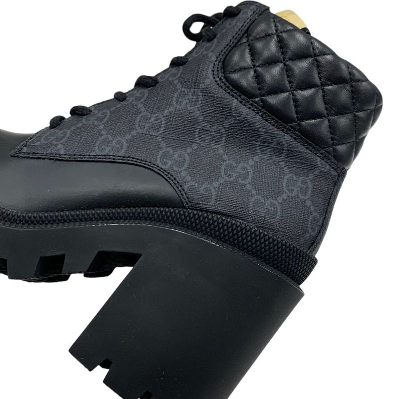 Gucci Boots Short Boots Shoes Leather Black GG Supreme Lace Up