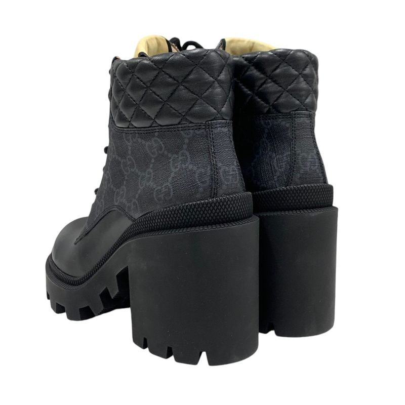Gucci Boots Short Boots Shoes Leather Black GG Supreme Lace Up