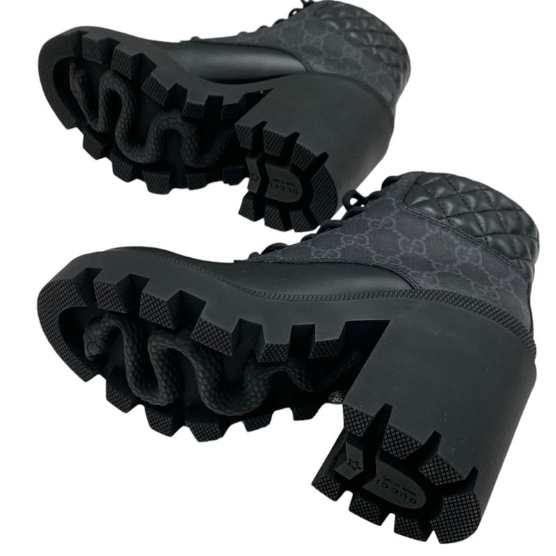 Gucci Boots Short Boots Shoes Leather Black GG Supreme Lace Up