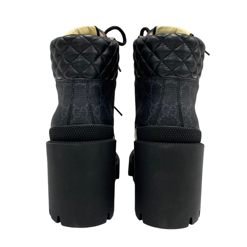 Gucci Boots Short Boots Shoes Leather Black GG Supreme Lace Up