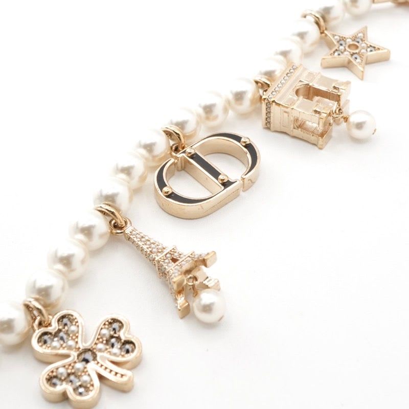 Christian Dior Charm Gold Logo Pearl Rhinestone Clover Star