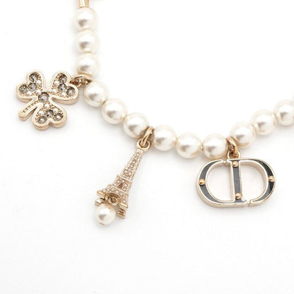 Christian Dior Charm Gold Logo Pearl Rhinestone Clover Star