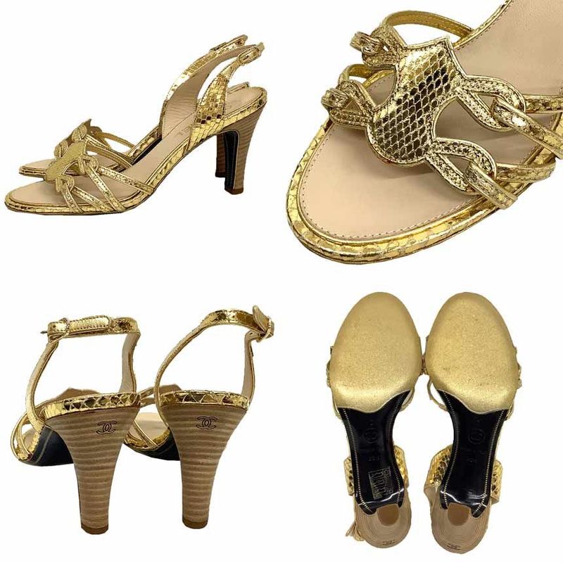Chanel Sandals Size 36.5 Gold Leather Back Strap Women's Shoes New Used Aq12060