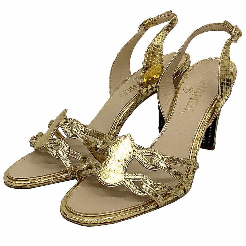 Chanel Sandals Size 36.5 Gold Leather Back Strap Women's Shoes New Used Aq12060