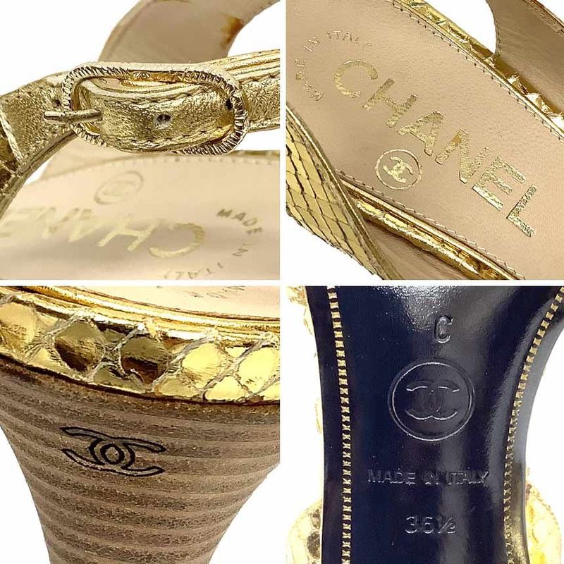 Chanel Sandals Size 36.5 Gold Leather Back Strap Women's Shoes New Used Aq12060