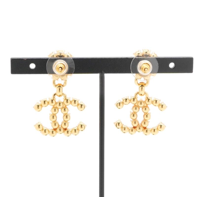 Chanel Earrings Earring Gold Black Coco Mark Rhinestone