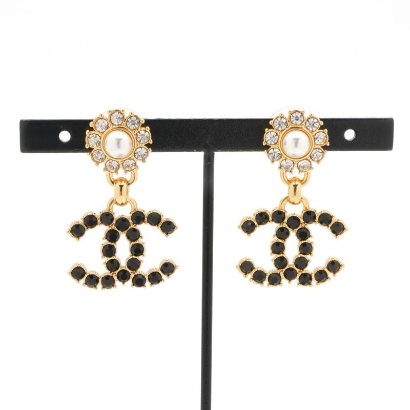 Chanel Earrings Earring Gold Black Coco Mark Rhinestone