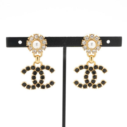 Chanel Earrings Earring Gold Black Coco Mark Rhinestone