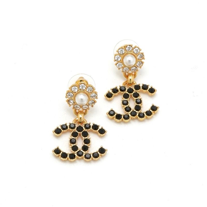 Chanel Earrings Earring Gold Black Coco Mark Rhinestone