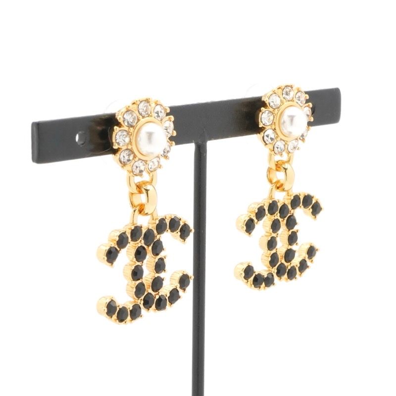 Chanel Earrings Earring Gold Black Coco Mark Rhinestone