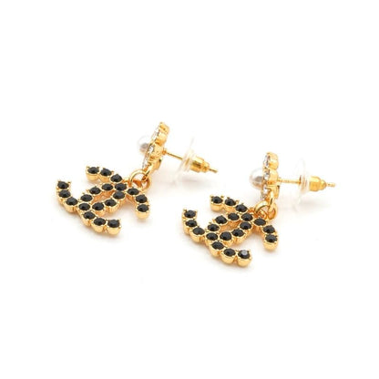 Chanel Earrings Earring Gold Black Coco Mark Rhinestone