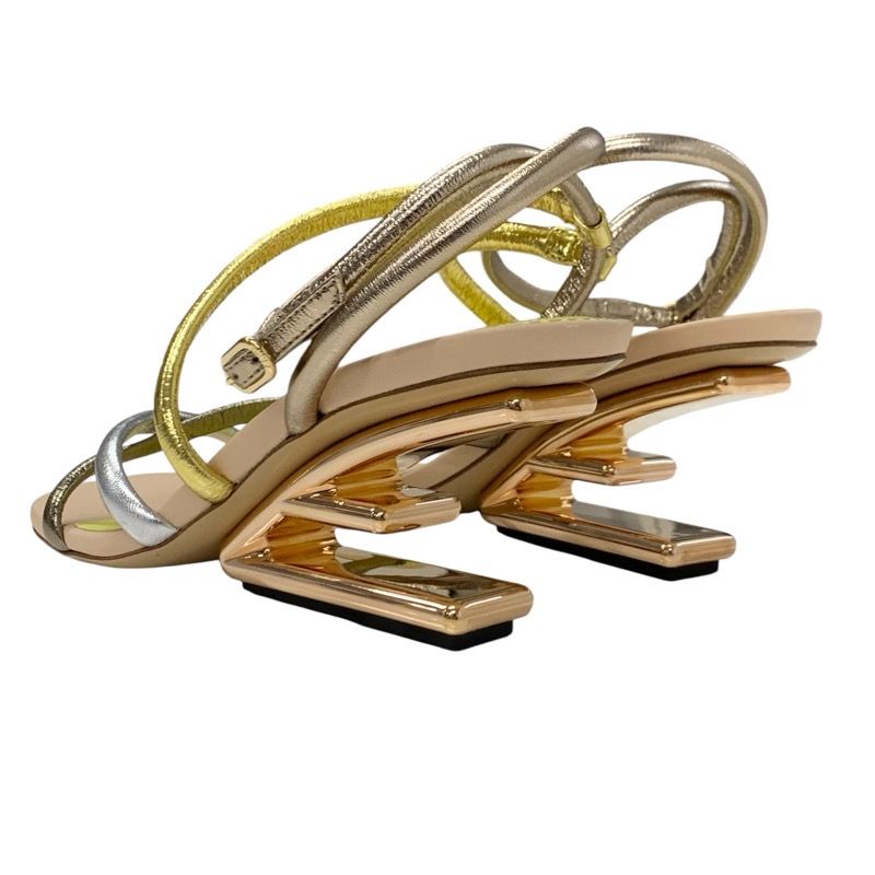 Fendi First Sandals Shoes Leather Metallic Color Strap Metal Heel