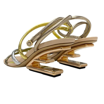 Fendi First Sandals Shoes Leather Metallic Color Strap Metal Heel