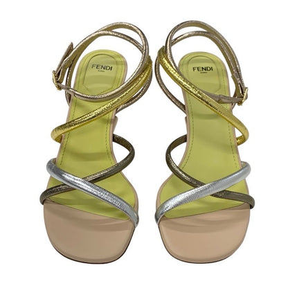 Fendi First Sandals Shoes Leather Metallic Color Strap Metal Heel