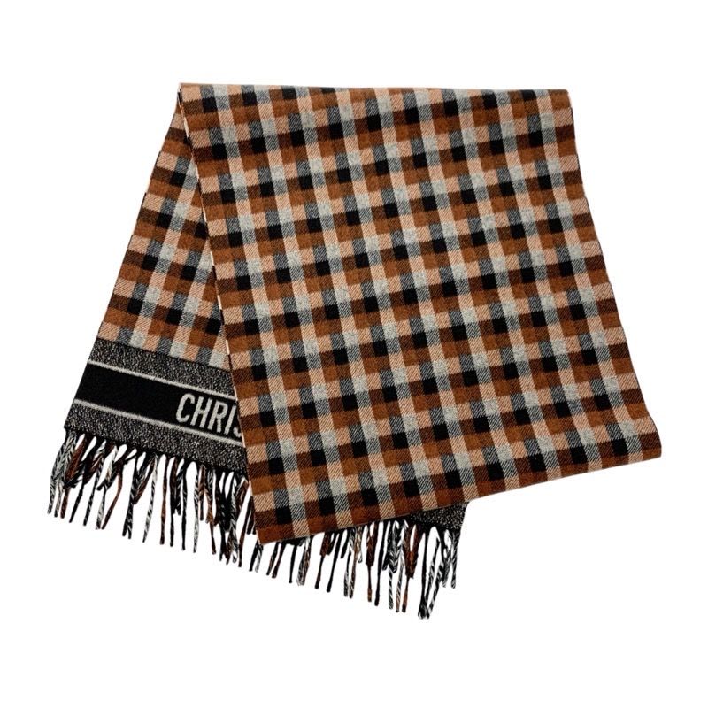 Christian Dior Muffler Wool Brown White Black Shawl Signature Logo Check Scarf