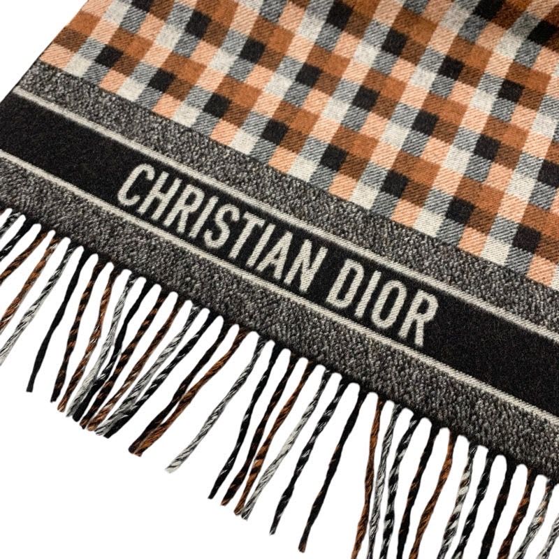 Christian Dior Muffler Wool Brown White Black Shawl Signature Logo Check Scarf